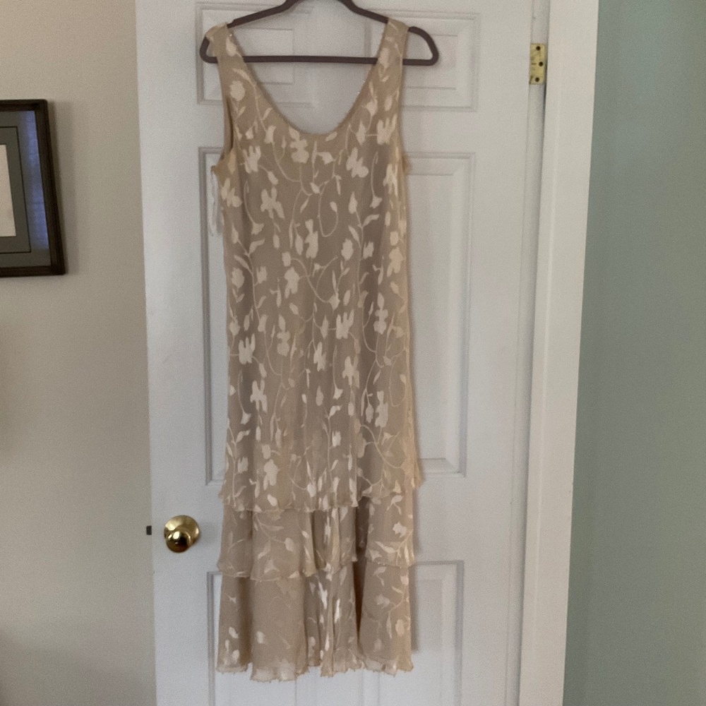 Cameron Blake by Mon Cheri Champagne Silk colored formal dress with jacket.